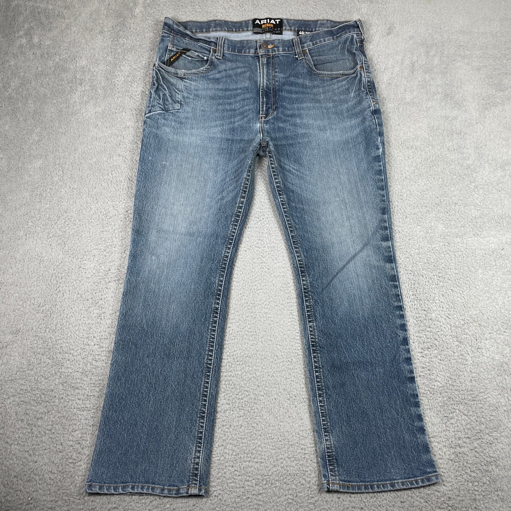 Ariat Rebar M4 Low Rise Boot Cut Jeans Mens 40x32  Blue Denim Stretch *Hole*